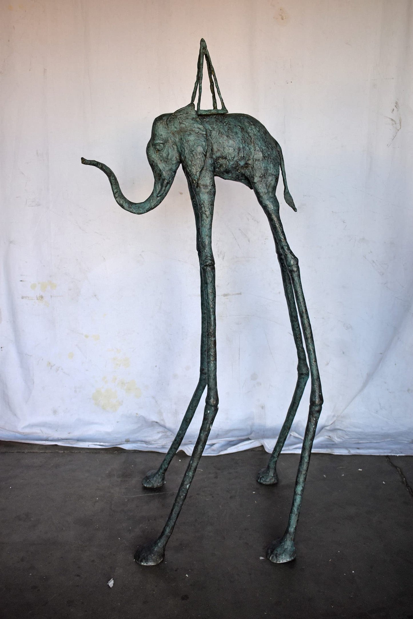 Modern Art Green Patina Tall Elephant Bronze Statue - Size: 26"L x 27"W x 67"H.