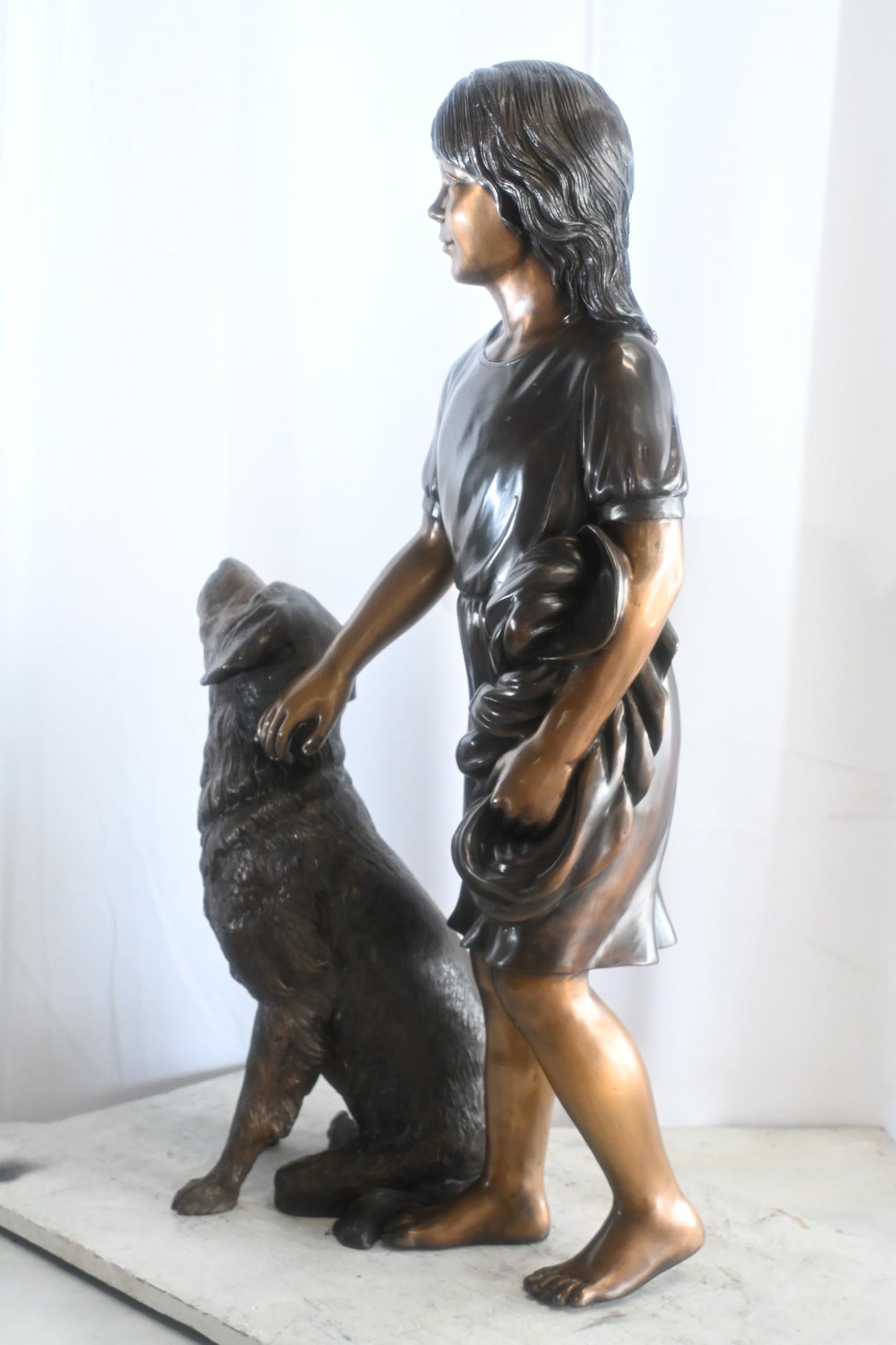 Bronze Girl with Dog Statue Standing Child and Pet Sculpture 23"x13"x39"H