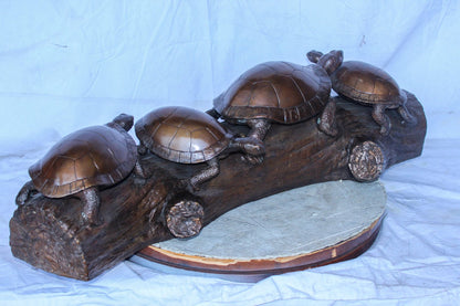 Four Turtles on Tree Log Bronze Statue, Charming Wildlife Decor 39" x 15" x 10"H