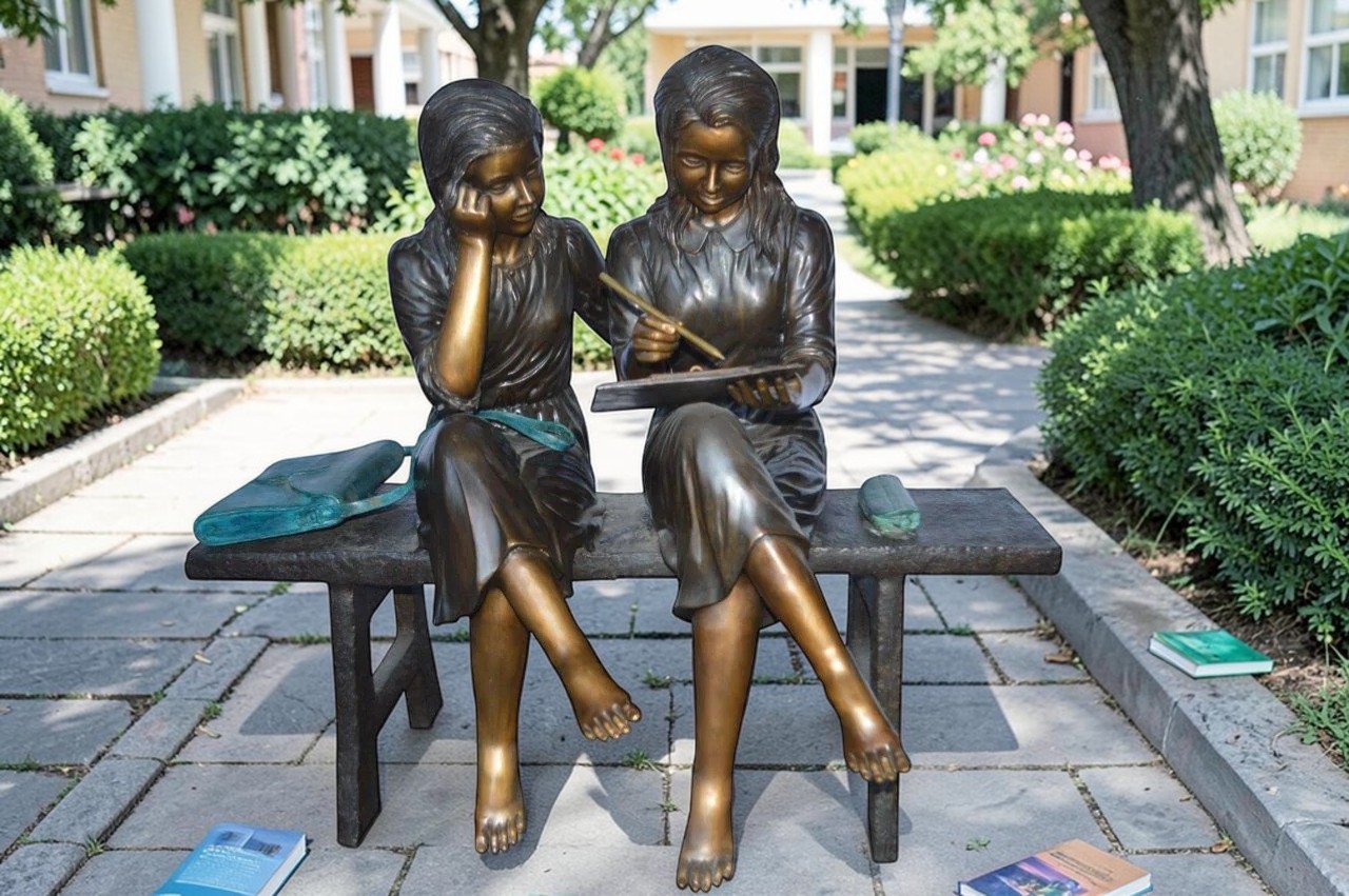 Two Schoolgirls Sitting On a Bench Bronze Statue -  Size: 45"L x 24"W x 41"H.
