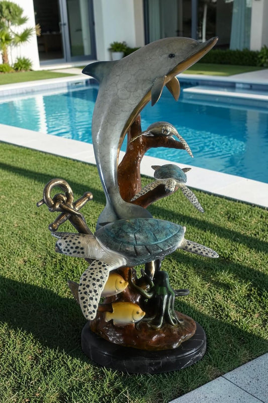 Bronze Dolphin Sea Turtles Fountain Lost Wax Ocean Scene 22"x18"x37"H