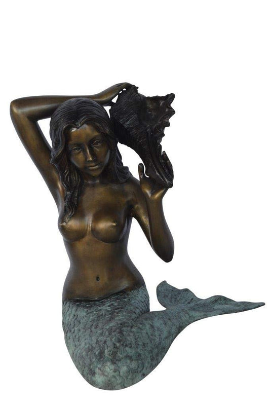 Mermaid with Conch  shell bronze statue -  Size: 16"L x 17"W x 21"H.