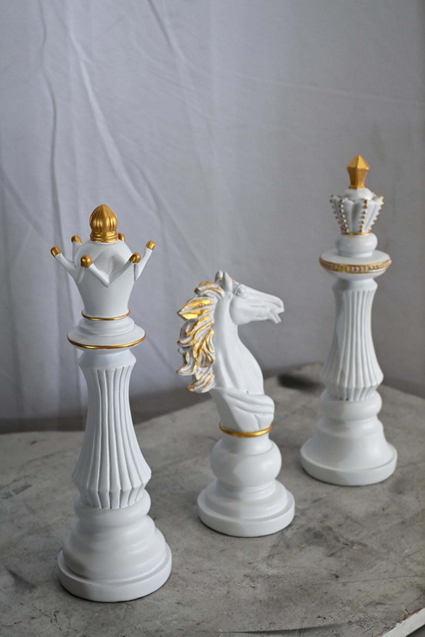 Decorative Chess Pieces Set White Gold Resin Figurines 4"x13"x14"H