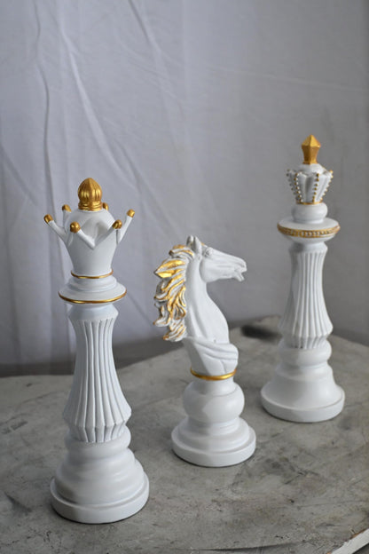 Decorative Chess Pieces Set White Gold Resin Figurines 4"x13"x14"H