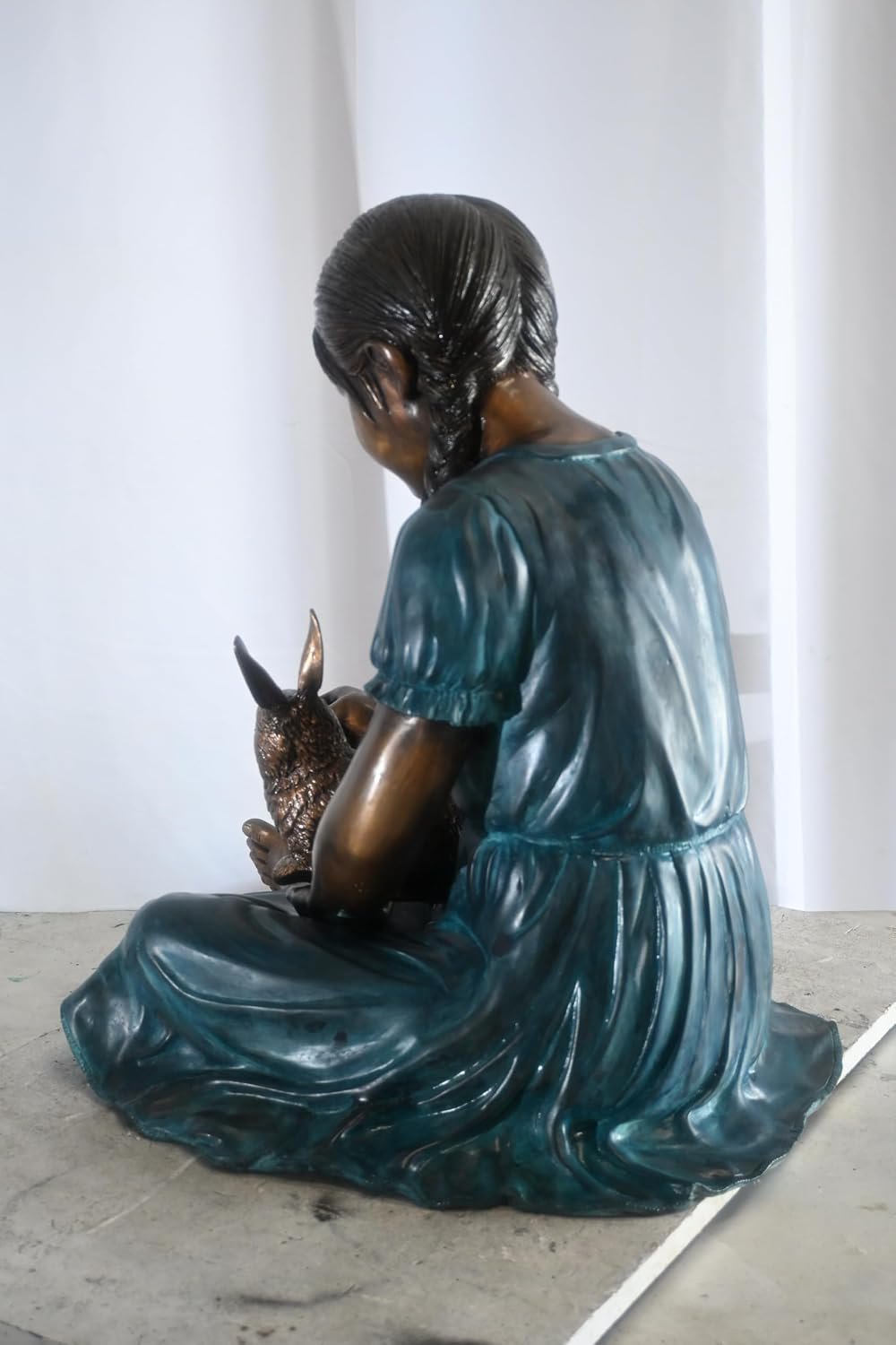 Bronze Braided Girl Feeding Rabbit Blue Patina Sculpture 24"x20"x24"H