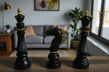 Decorative Chess Pieces Set Black Gold Resin Figurines 4"x13"x14"H