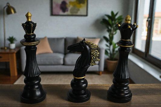 Decorative Chess Pieces Set Black Gold Resin Figurines 4"x13"x14"H