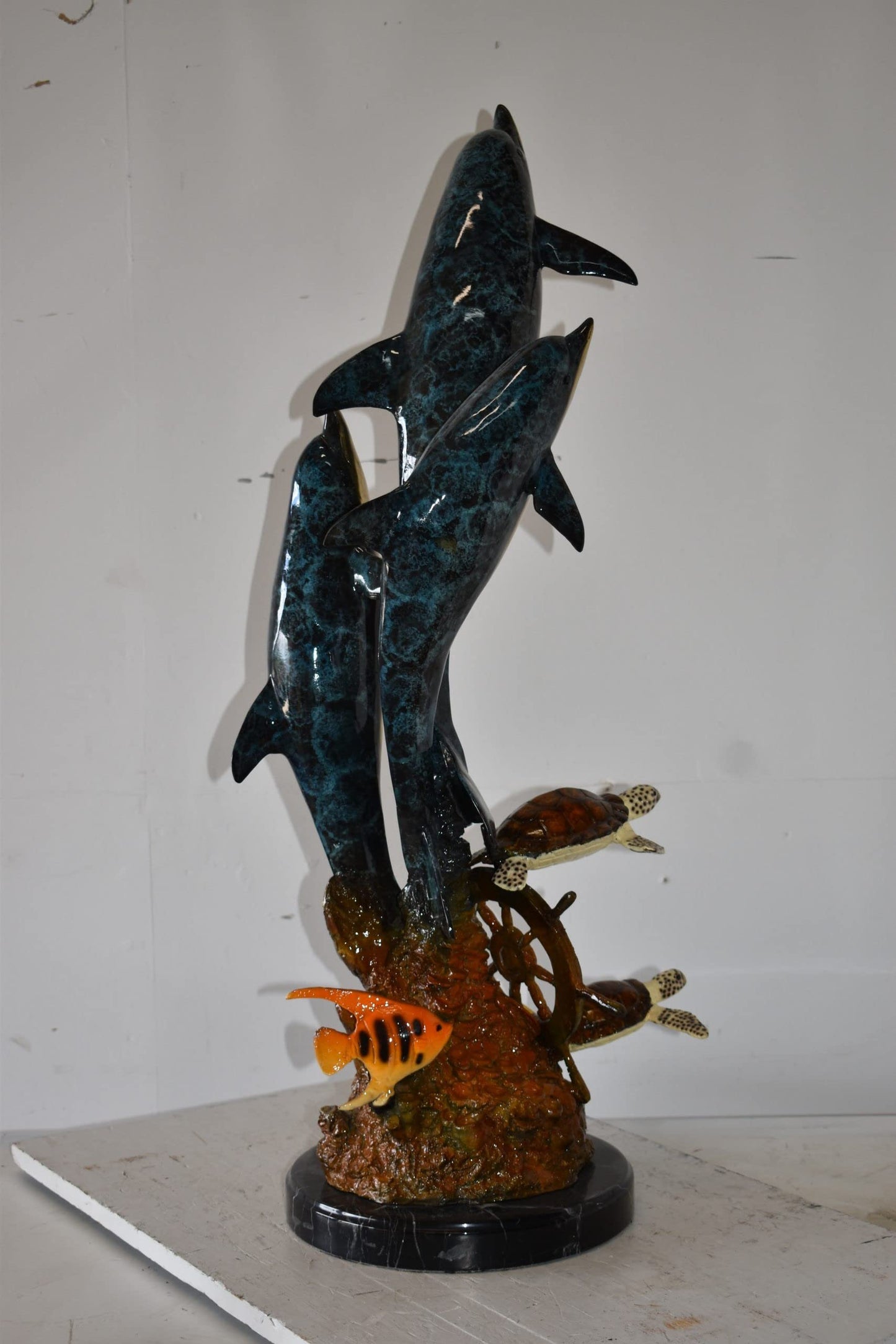 Three Dolphins Turtles and Boat Wheel Bronze Statue Size: 17" x 13" x 40"H