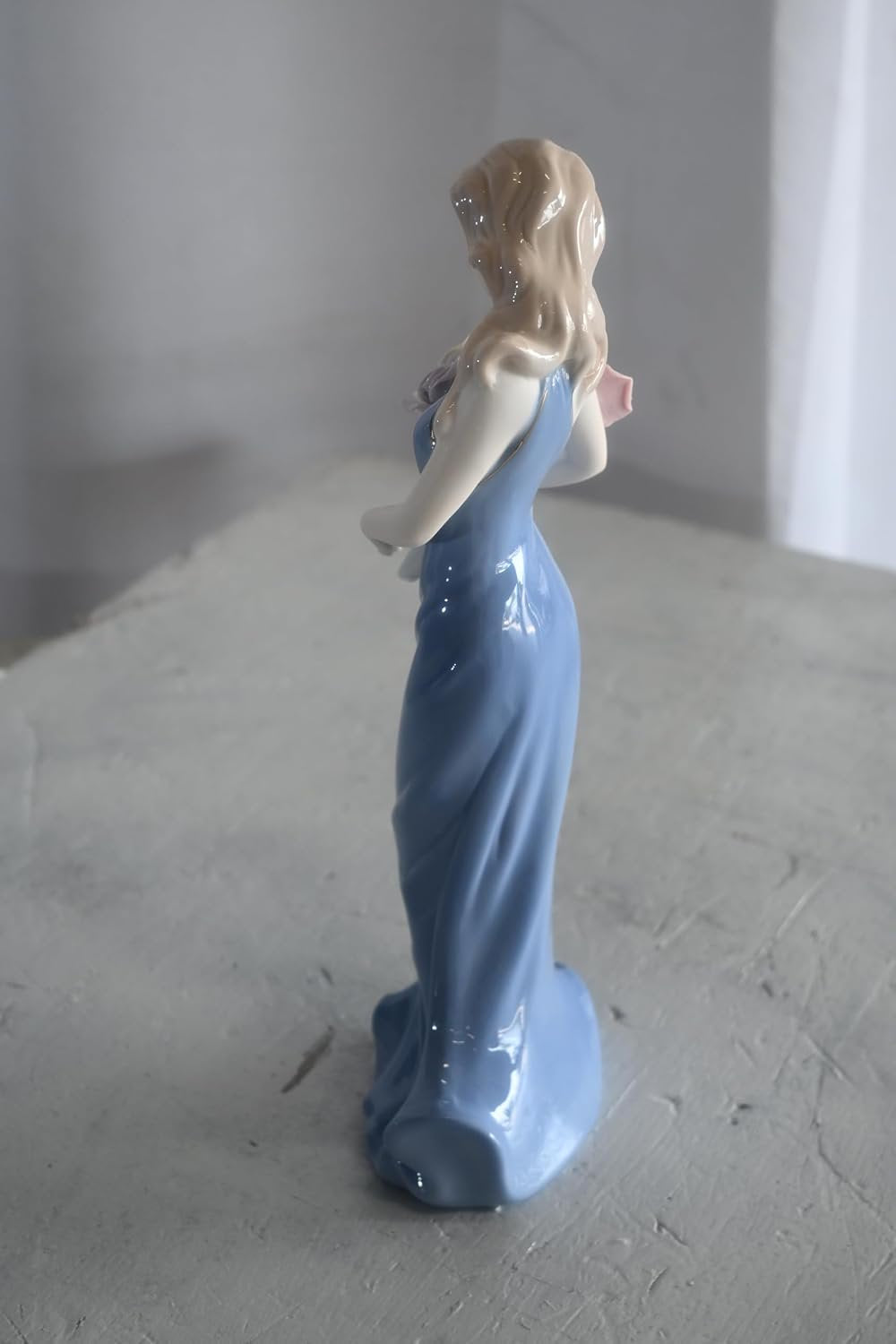 Porcelain Lady Blue Sleeveless Gown Holding Rose Bouquet 4"x3"x11"H