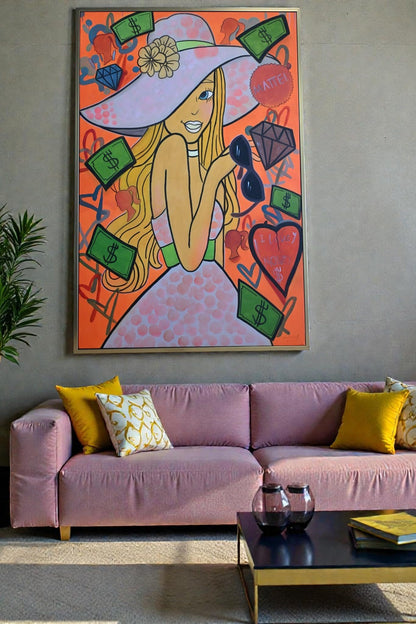 Monique Pop Art Canvas Painting Framed Fashion Woman Art 61"x41"