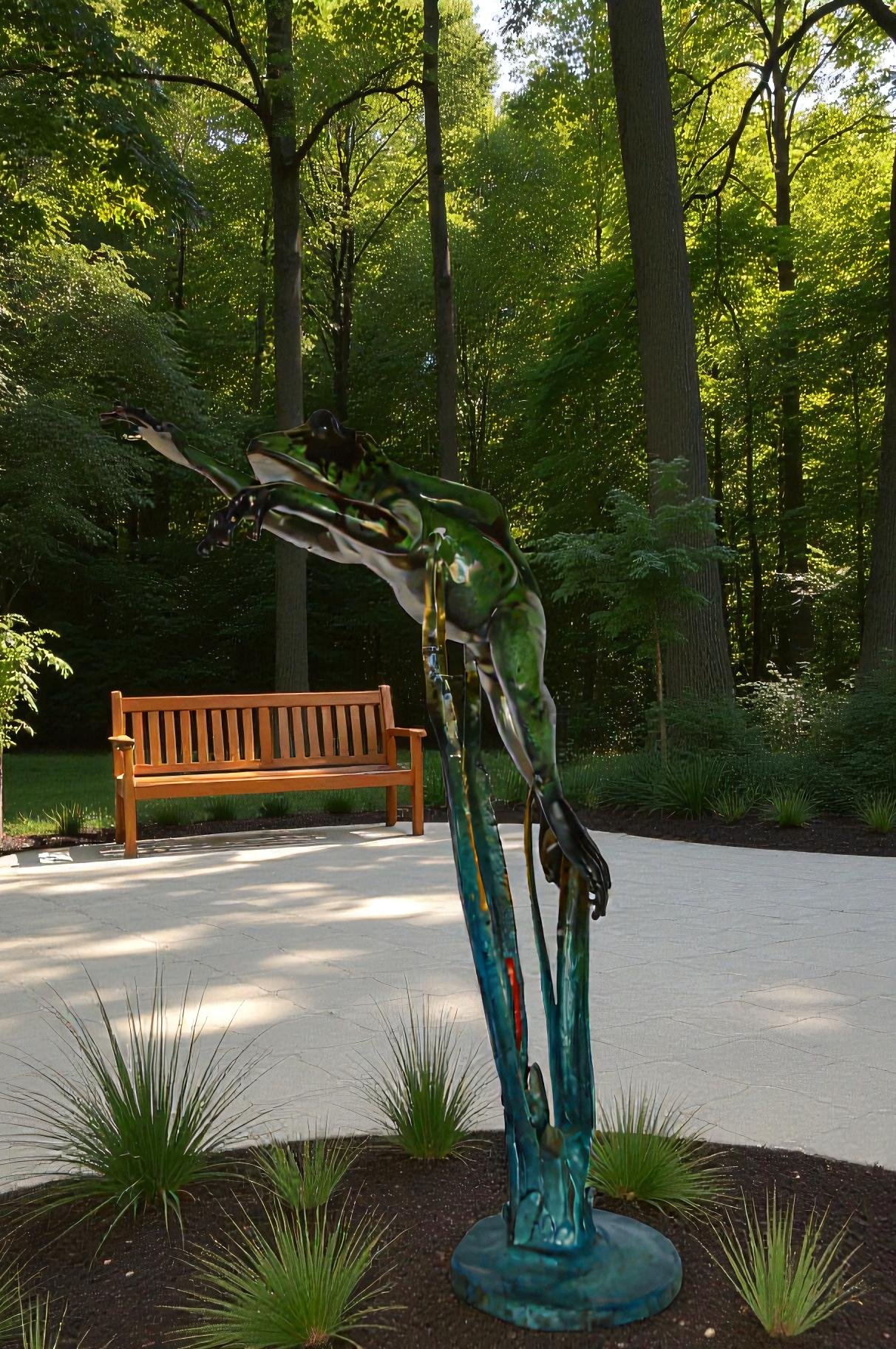 Large Frog Jumping Forward Bronze Statue on Marble -  Size: 25"L x 15"W x 36"H.