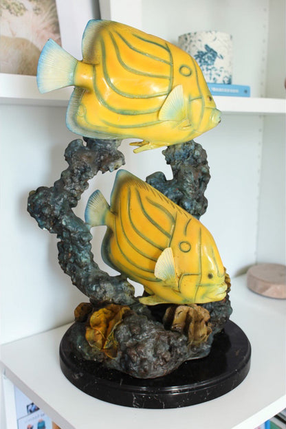 Two Butterfly fish swimming bronze statue -  Size: 12"L x 12"W x 24"H.