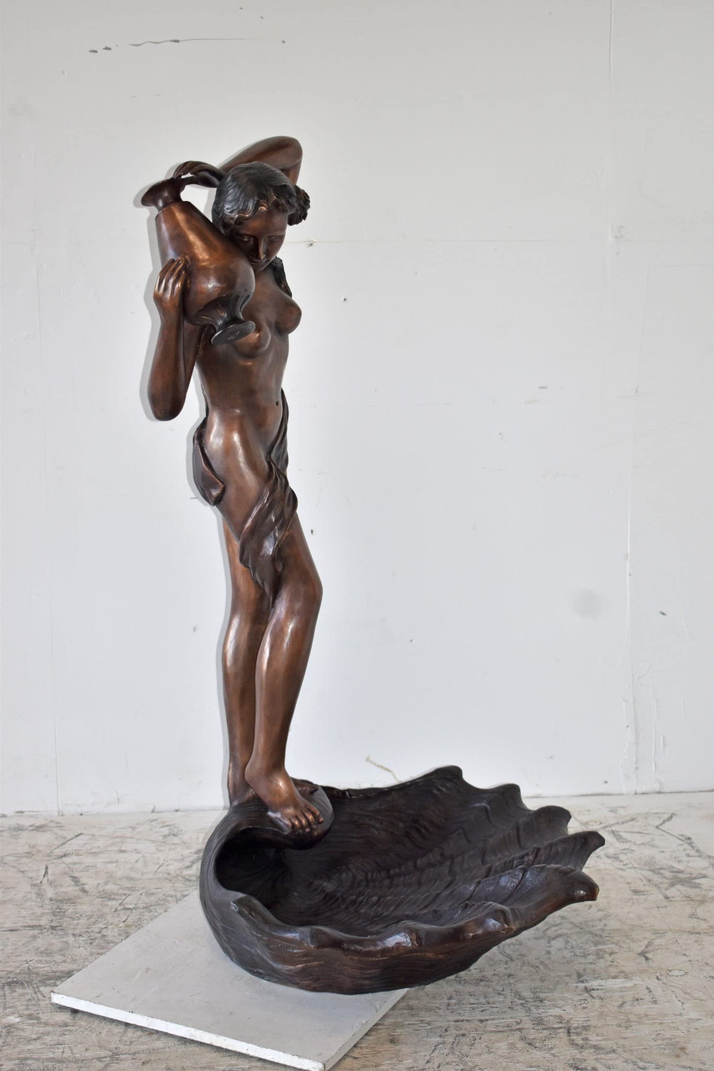 Lady Holds A Vase Standing on A Shell Bronze Fountain Size: 32" x 31" x 55"H