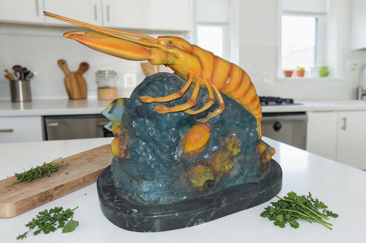 Lobster with Fish Bronze Statue -  Size: 9"L x 18"W x 16"H.