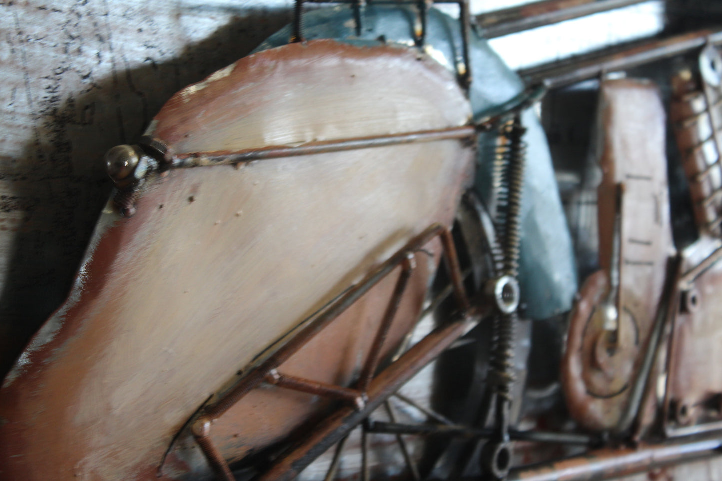 Vintage Motorcycle and Gas Pump Painting on Metal with 3D Effect 79" x 2" x 40"H