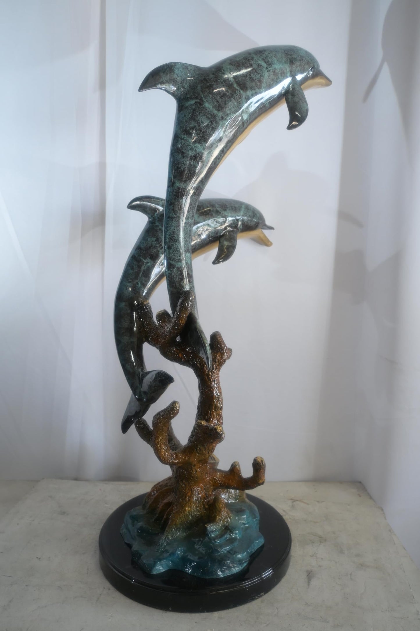 Large Bronze Dual Dolphin Coral Reef Sculpture Marble Base 18"x16"x39"H