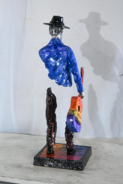 Traveler Musician Holding Guitar Case Aluminum Sculpture 9"x8"x34"H