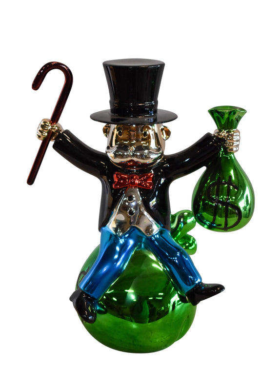 Joyous Monopoly Man Sitting on Money Bag Resin Statue 12" x 10" x 16"H