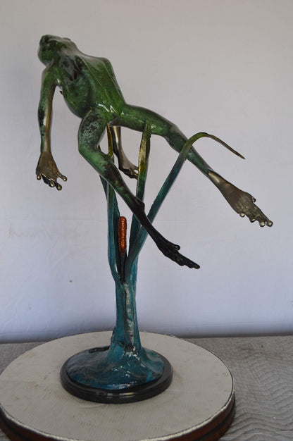 Large Frog Jumping Up Bronze Statue on a  Marble  -  Size: 30"L x 14"W x 34"H.