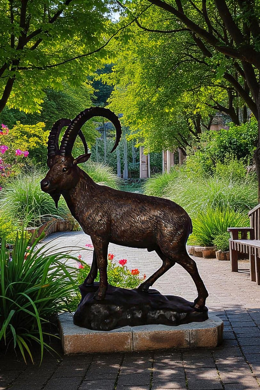Standing Lifesize Mountain Goat Bronze Statue  - Size: 22"L x 36"W x 48"H.