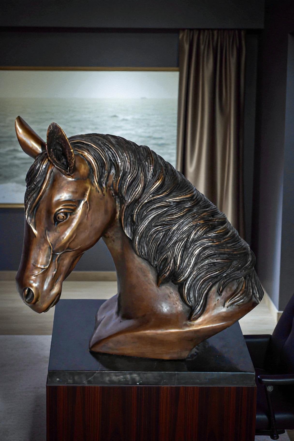 Bust Of a Horse Made of Bronze Mounted on Marble Size: 12" x 6" x 12"H