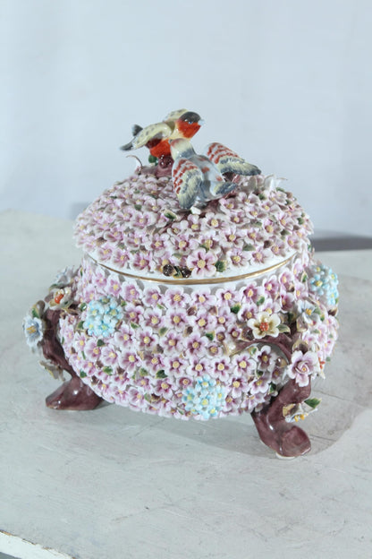 NIFAO Porcelain floral covered box with birds on lid 10"x10"x11"H