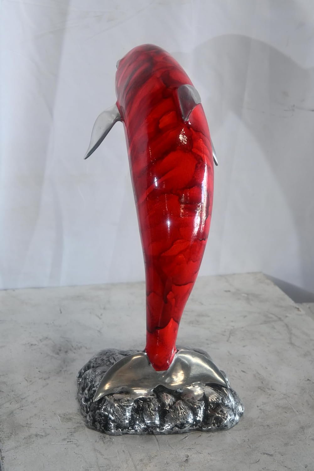 Leaping Red Dolphin Statue with Silver Fins Aluminum Art 15"x7"x18"H
