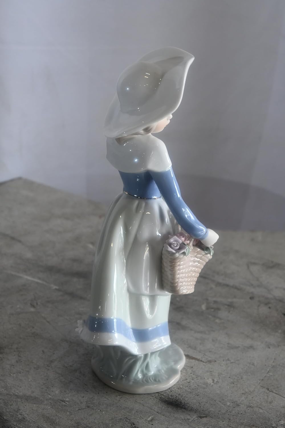 Porcelain Girl Carrying Flower Basket Blue Jacket Statue 6"x5"x12"H
