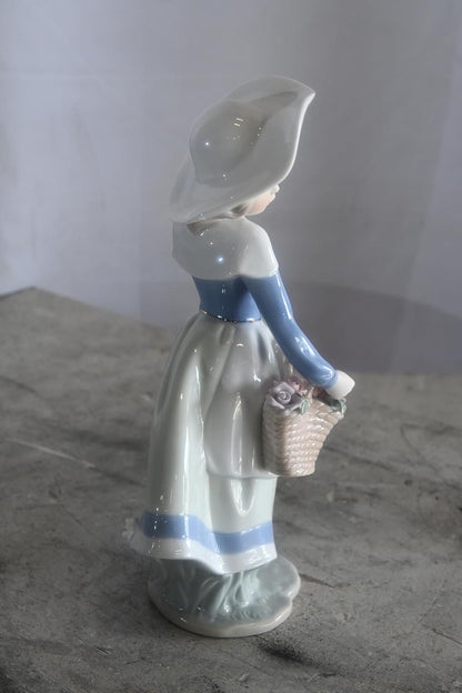 Porcelain Girl Carrying Flower Basket Blue Jacket Statue 6"x5"x12"H