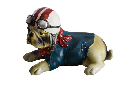 A Happy Dog Dressed in Motorcycle Rider Suit, Resin Statue 9" x 6" x 7"H