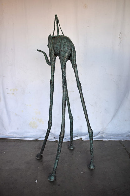 Modern Art Green Patina Tall Elephant Bronze Statue - Size: 26"L x 27"W x 67"H.