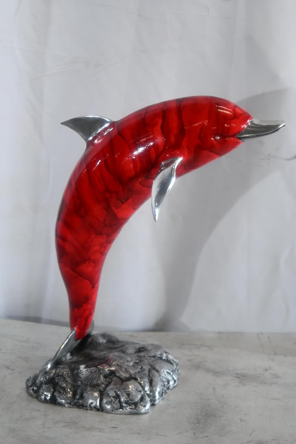 Leaping Red Dolphin Statue with Silver Fins Aluminum Art 15"x7"x18"H