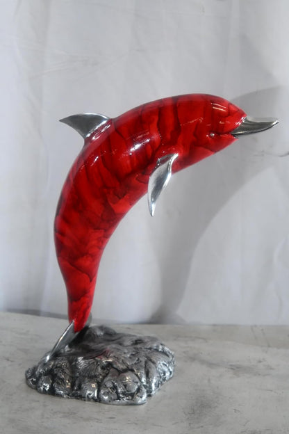 Leaping Red Dolphin Statue with Silver Fins Aluminum Art 15"x7"x18"H