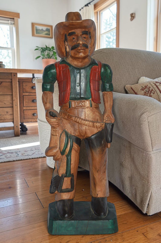 Cowboy Made of Wood Statue - Medium - Size: 8"L x 10"W x 30"H.