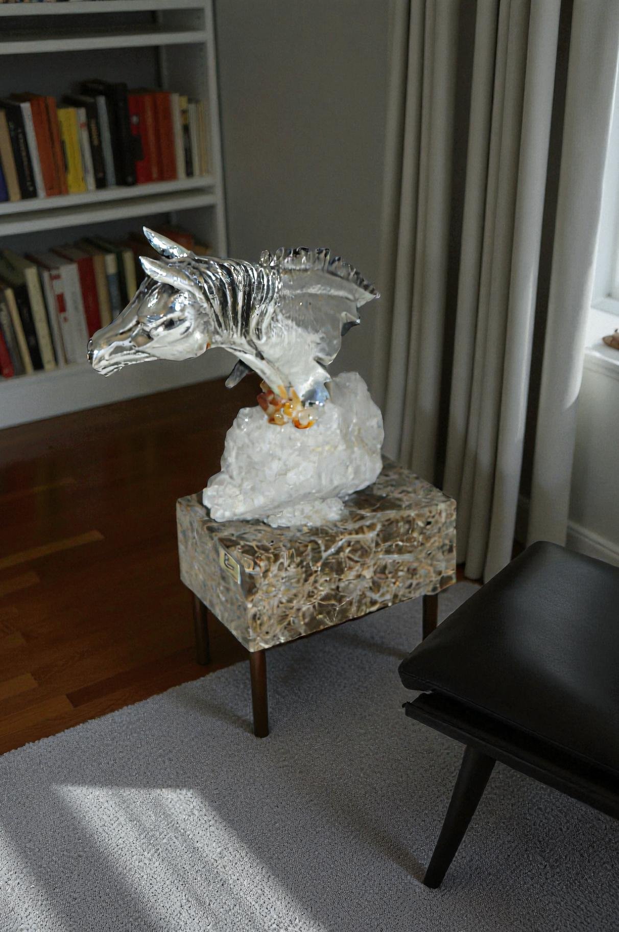 Horse on Crystal Stone mounted on Marble by Vidal -  Size: 4"L x 9"W x 10"H.