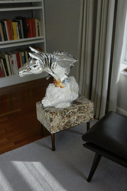 Horse on Crystal Stone mounted on Marble by Vidal -  Size: 4"L x 9"W x 10"H.