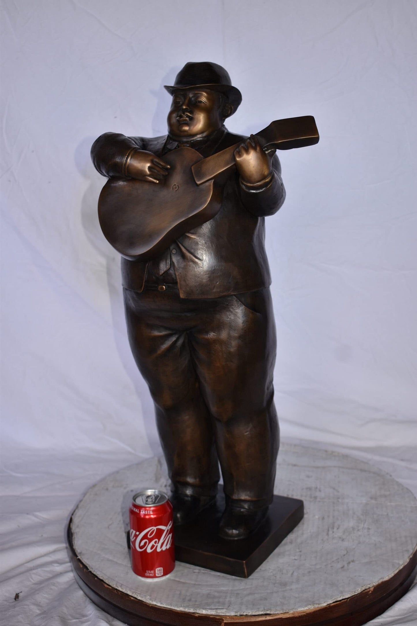 Man Playing  Guitar Fernando Botero Style Bronze Statue - 14" x 11" x 30"H.