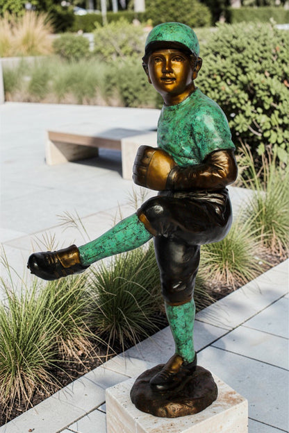 Nifao Bronze Baseball Pitcher Statue – Young Athlete Mid Throw with Green & Brown Patina Finish – Sports Decor & Gift – Handcrafted Lost Wax Casting- 21" x 12" x 37"H