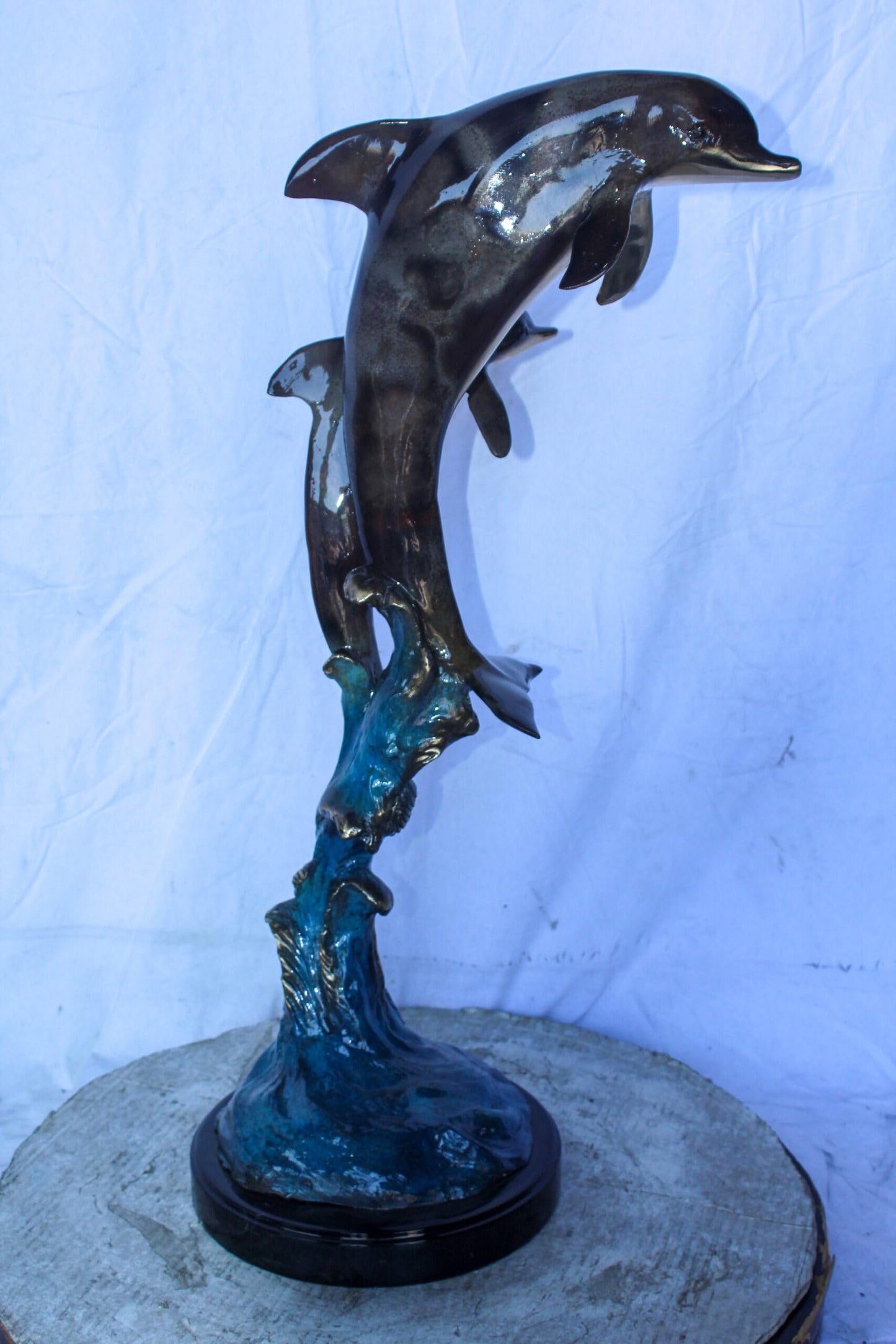 Two Dolphins Jumping of the Water Bronze Statue 11" x 12" x 31"H