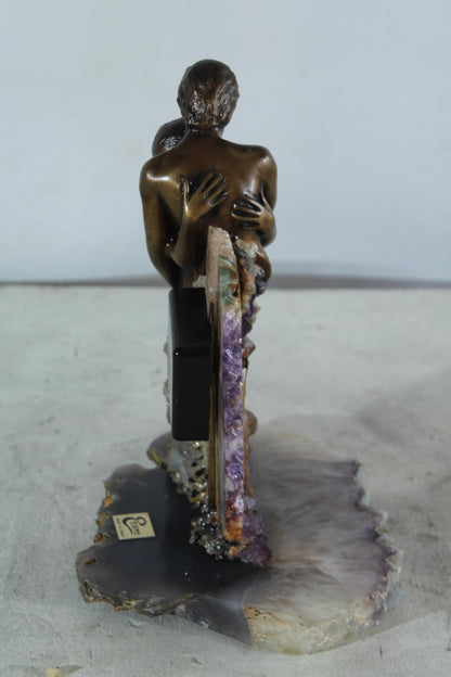 NIFAO Lovers Embrace Clock with Amethyst Geode Bronze by Vidal Spain 8"x7"x10"H