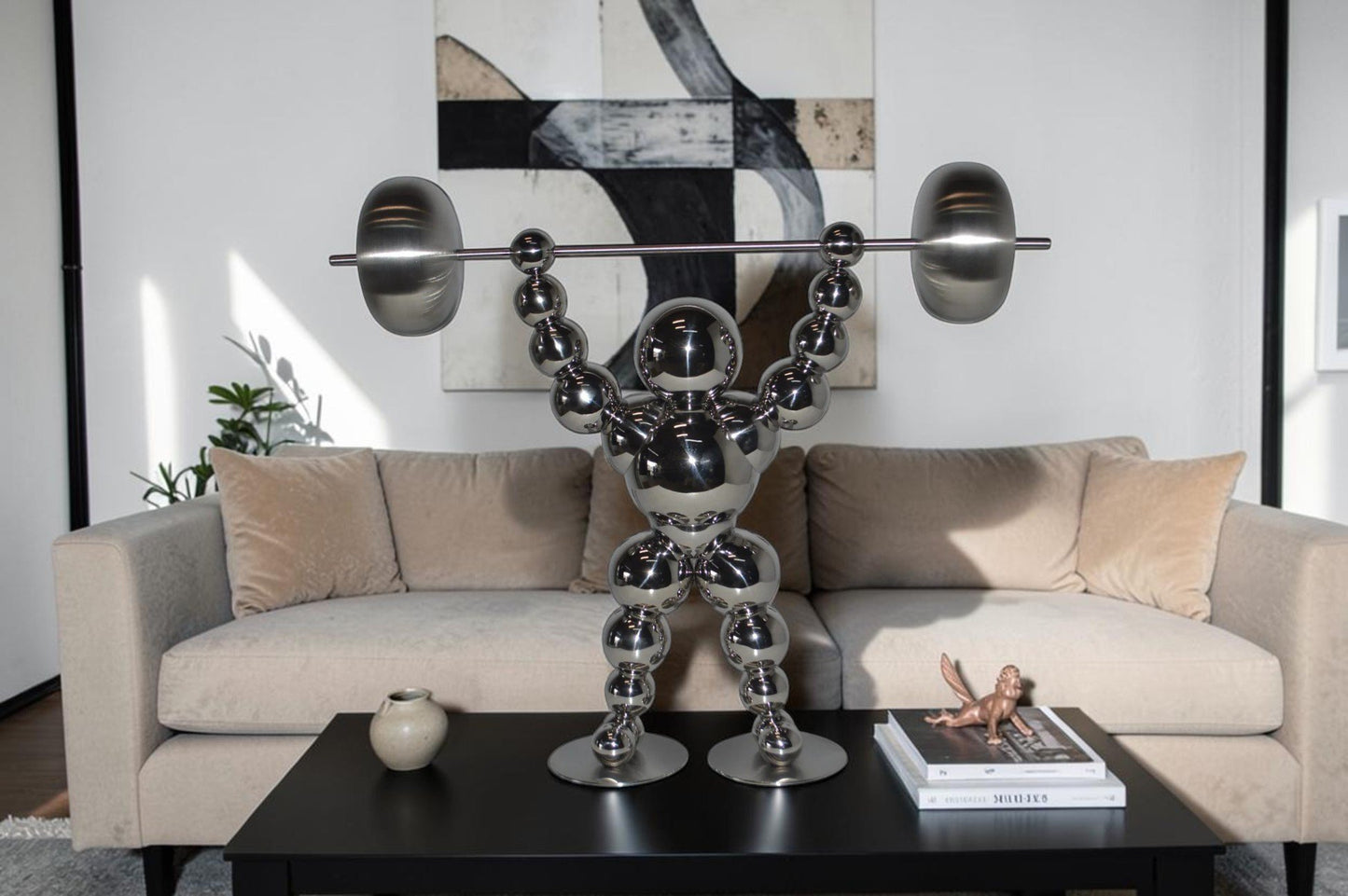 Modern Art Weightlifter Up Position Chrome Balls Statue - Size: 20"x5"x17"H