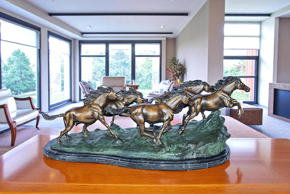 Running Horses Bronze Statue on Marble Base 47" x 20" x 17"H