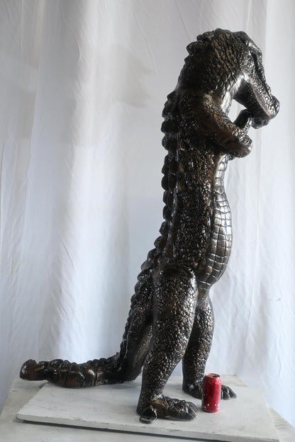 Large Alligator Statue Holding Baby Gator in Egg Cast Aluminum 34"x23"x54"H