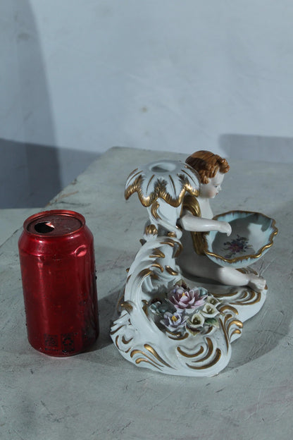 Porcelain Cherub Candle Holder with Floral Dish 9"x6"x7"H