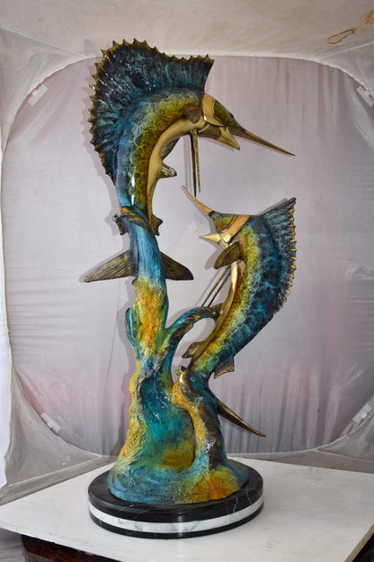 Set Of Intertwined Sailfish and Marlin Colored Bronze Statue  27" x 20" x 47"H