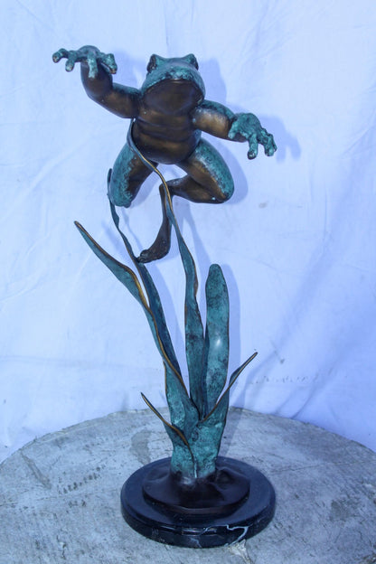 Frog Leaping Over Grass Bronze Statue 23" x 11" x 24"H