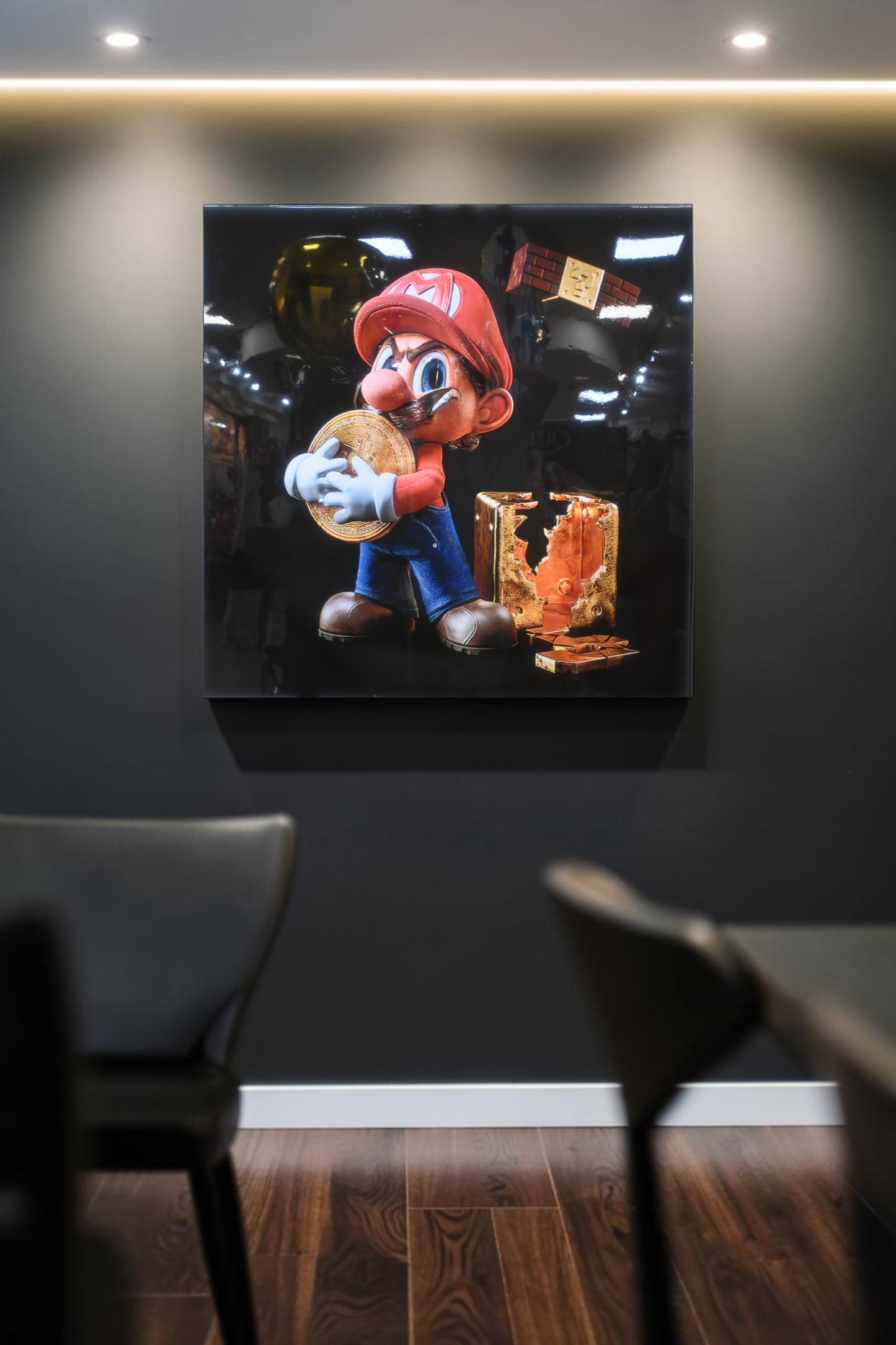 Mario Bitcoin Pop Art Resin Canvas 40x40 - Iconic Plumber Character with Gold Coin & Vault