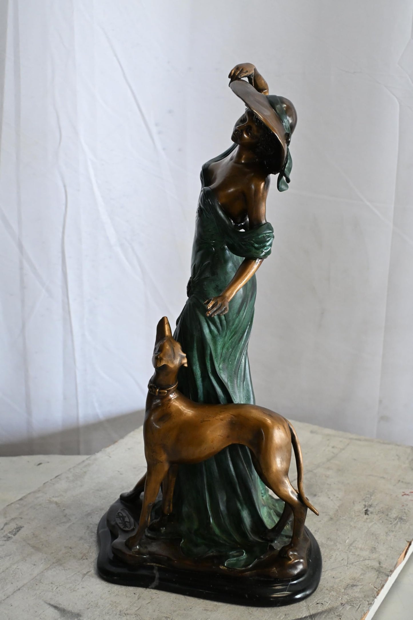 Art Deco Woman with Greyhound Bronze Statue Figurine 12"x10"x24"H