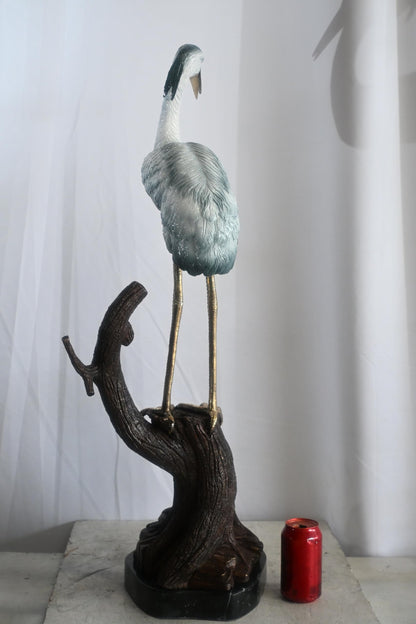 Bronze Heron Statue on Driftwood Marble Base Sculpture 17"x17"x37"H
