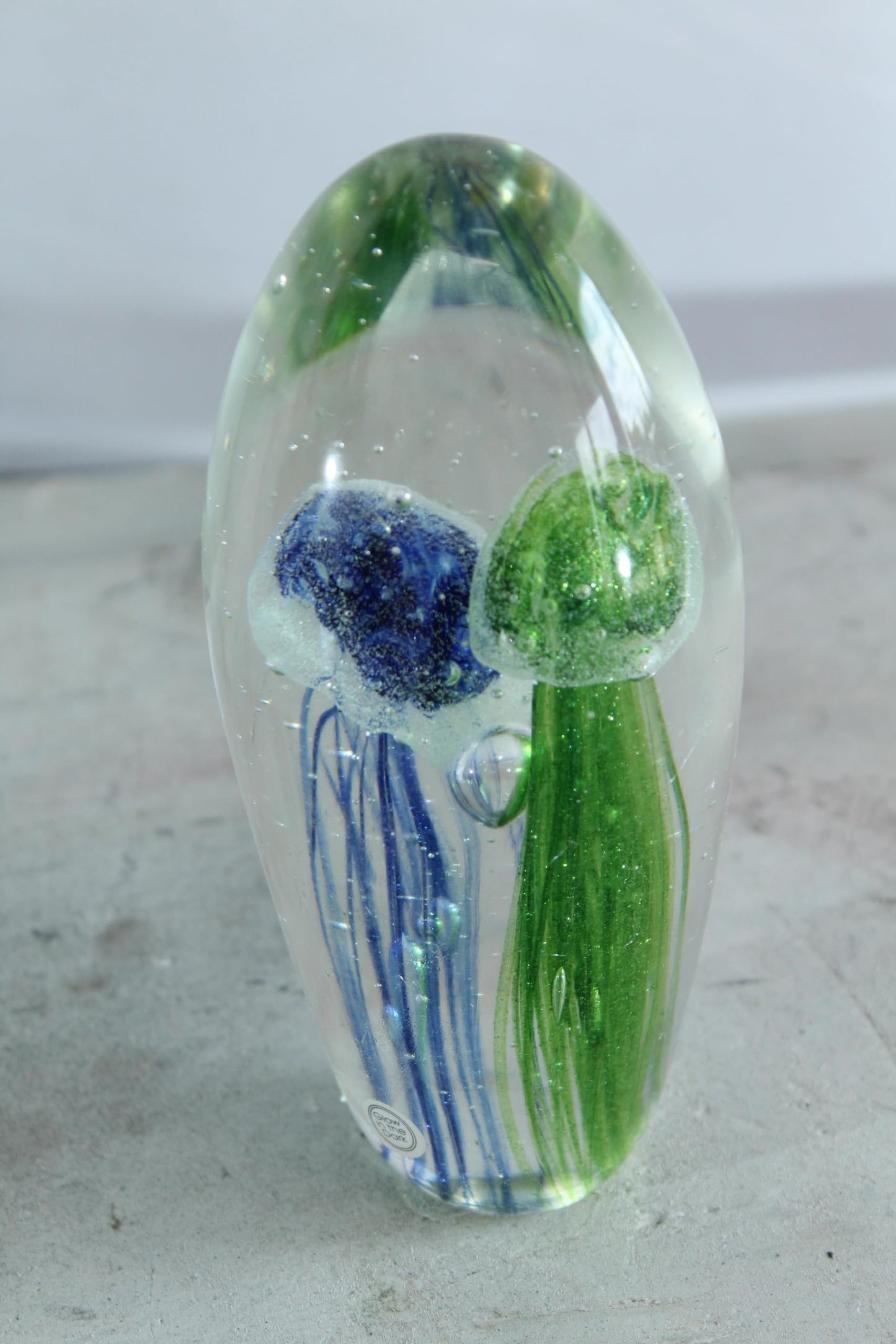NIFAO Glass Jellyfish Paperweight Green Blue Art Glass Decor 3" x 3" x 8"H